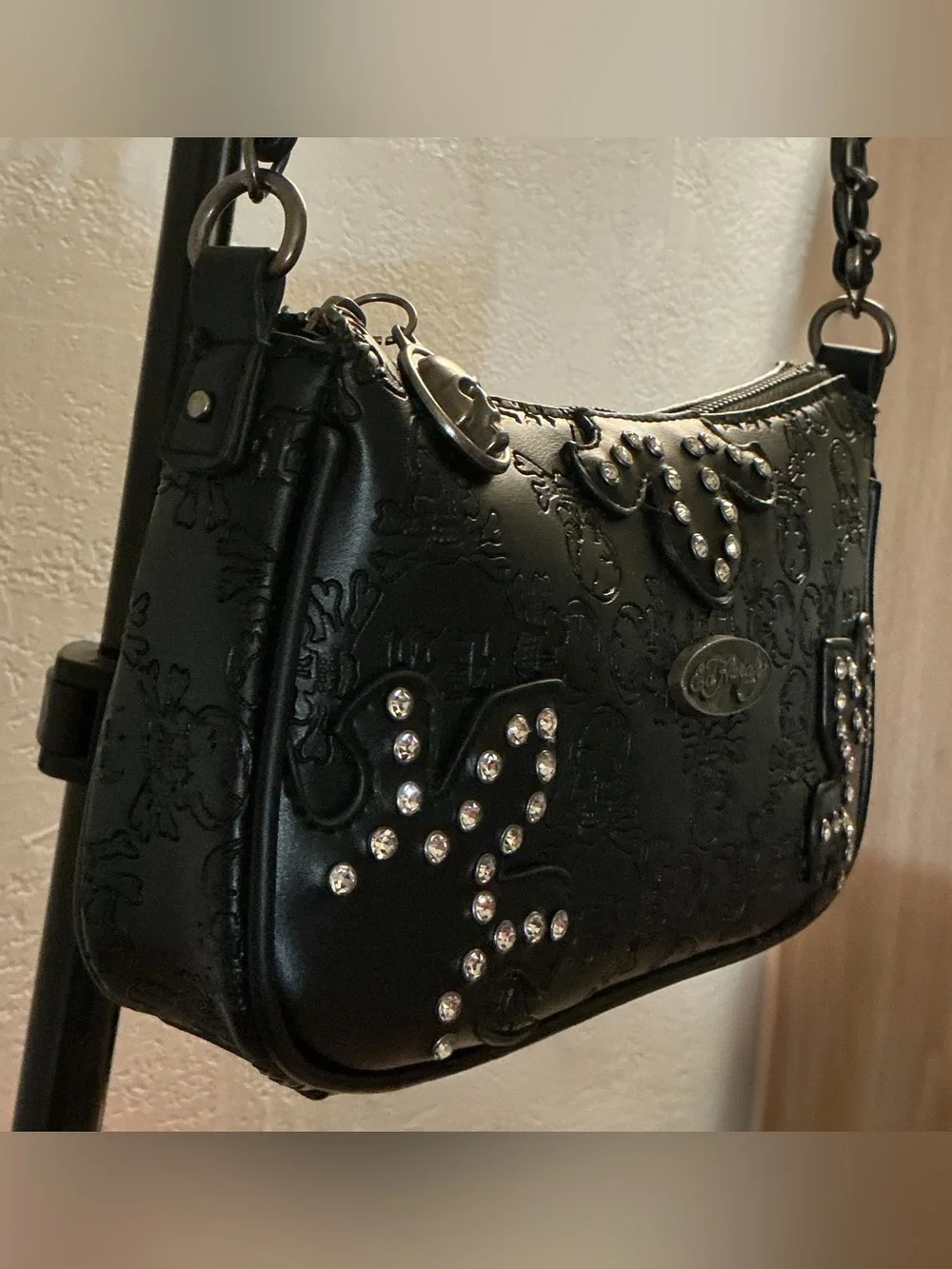 Ed Hardy Studded Jewel Baguette Shoulder Bag - Black - nwot